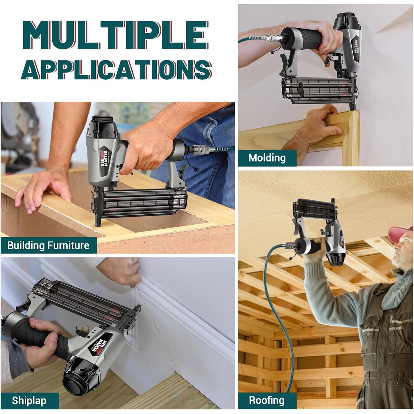 NEU MASTER Pneumatic Brad Nailer, 2 in 1 Nail Gun Staple Gun Fires 18 Gauge 2 Inch Brad Nails and Crown 1-5/8 inch Staples with Carrying Case and Safety Glasses