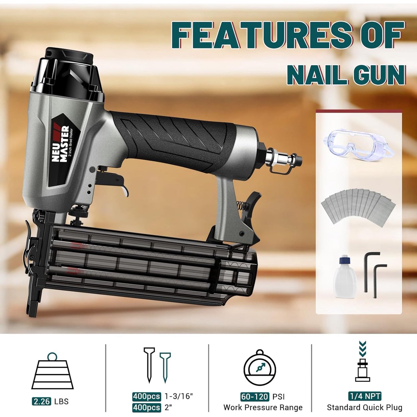 NEU MASTER Pneumatic Brad Nailer, 2 in 1 Nail Gun Staple Gun Fires 18 Gauge 2 Inch Brad Nails and Crown 1-5/8 inch Staples with Carrying Case and Safety Glasses