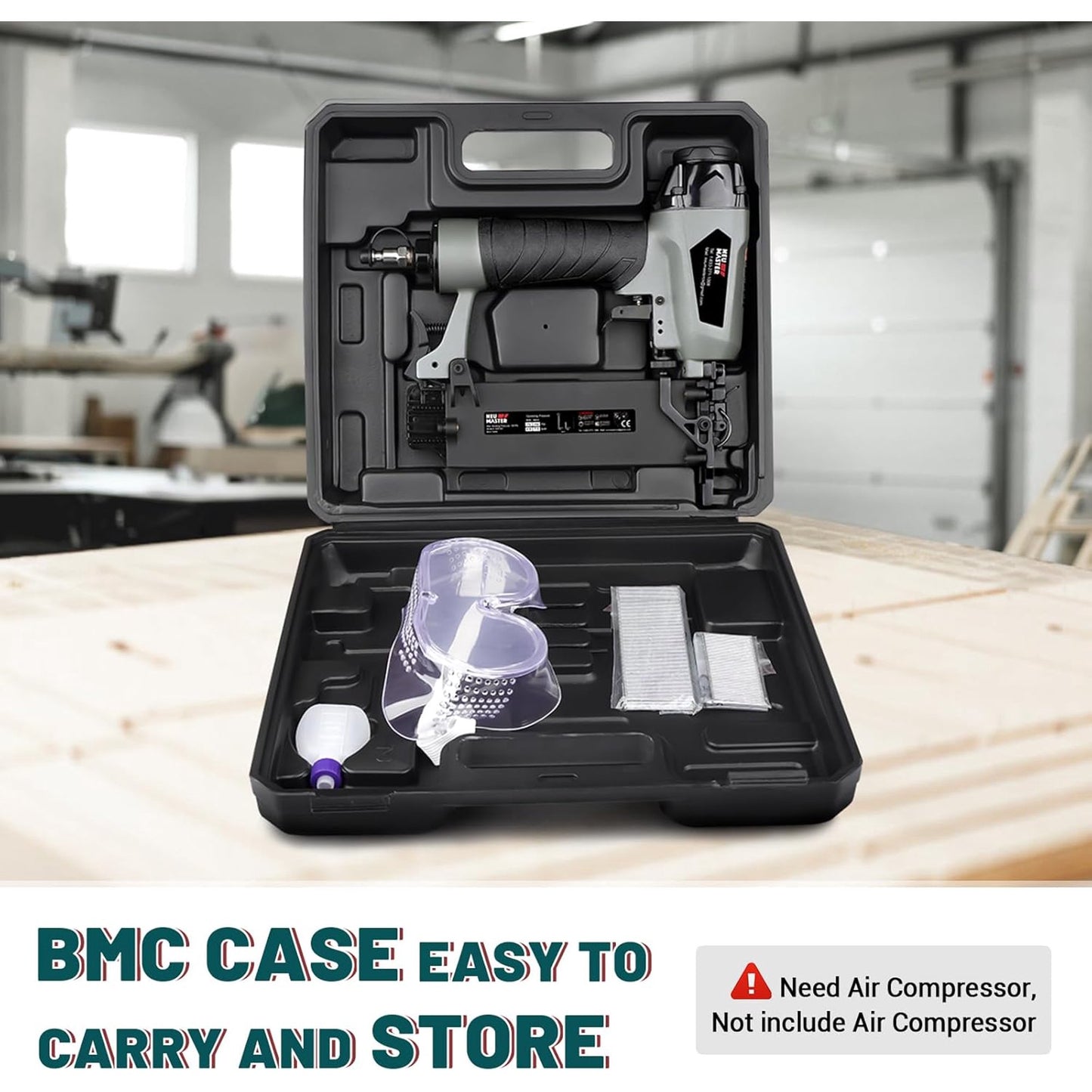 NEU MASTER Pneumatic Brad Nailer, 2 in 1 Nail Gun Staple Gun Fires 18 Gauge 2 Inch Brad Nails and Crown 1-5/8 inch Staples with Carrying Case and Safety Glasses