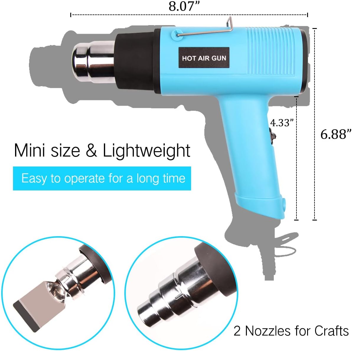 Heat Gun 1200W 140℉~932℉ (60℃-500℃) Heavy Duty Hot Air Gun Kit Variable Temperature Control with 2 Temperature Settings 2 Nozzles for Crafts, Shrink Wrapping, Candle Making, Epoxy Resin