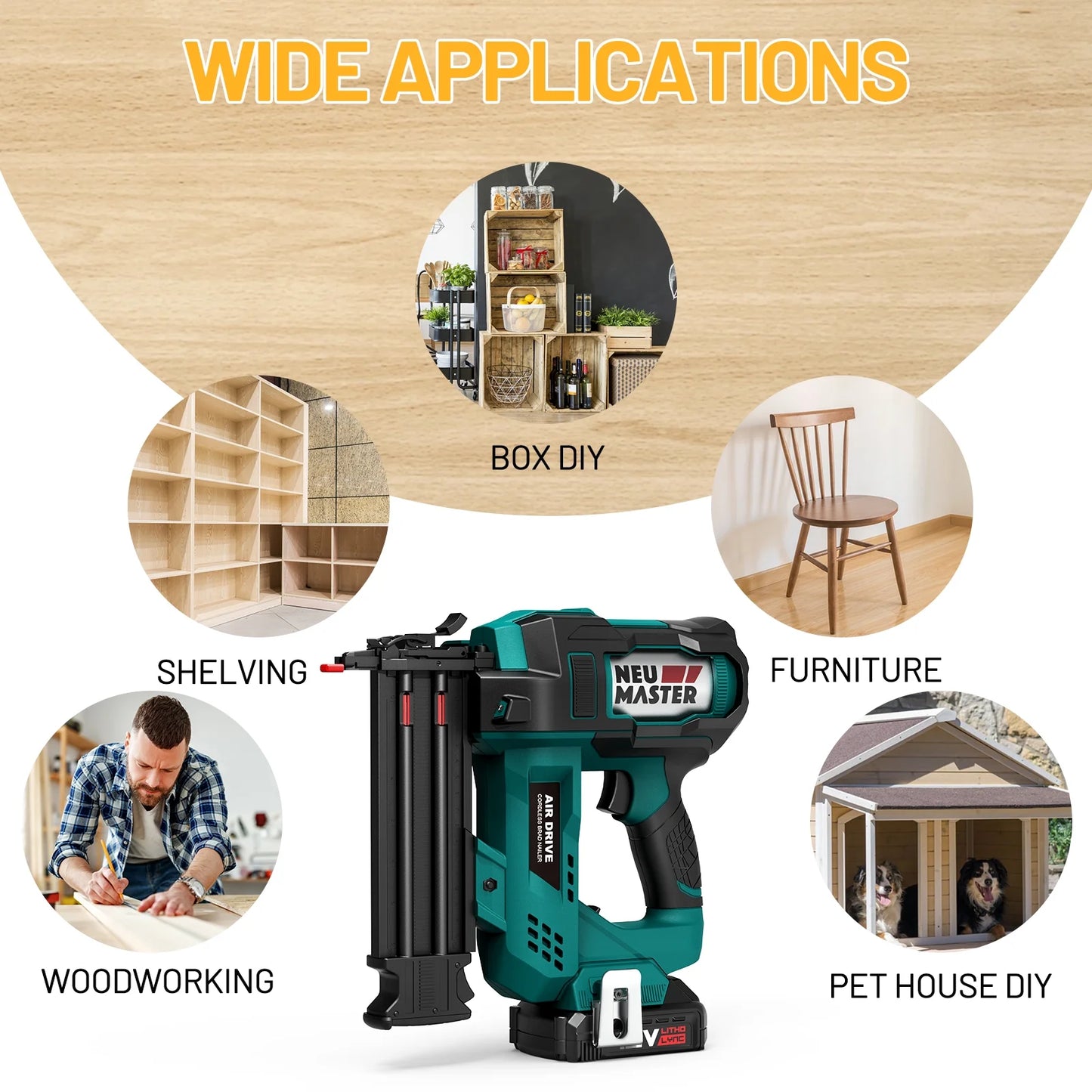 NEU MASTER Cordless Brad Nailer , 18GA 2-Inch Battery-Powered Nail Gun with Depth Adjustment | Includes 20V Battery, Charger, 1800pcs Nails & Storage Case , Ideal for Trim, Molding, Woodwork & DIY Up