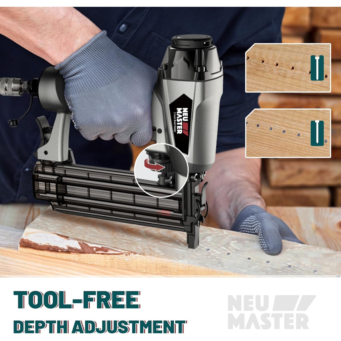 NEU MASTER Pneumatic Brad Nailer, 2 in 1 Nail Gun Staple Gun Fires 18 Gauge 2 Inch Brad Nails and Crown 1-5/8 inch Staples with Carrying Case and Safety Glasses