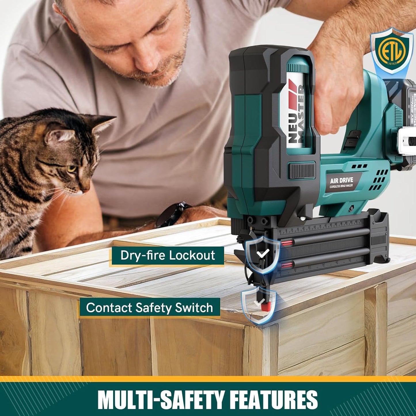 NEU MASTER Cordless Brad Nailer, Rechargeable Nail Gun/Staple Gun for Upholstery, Carpentry and Woodworking Projects, Including 20V Max. 2.0Ah Li-ion Battery and Charger