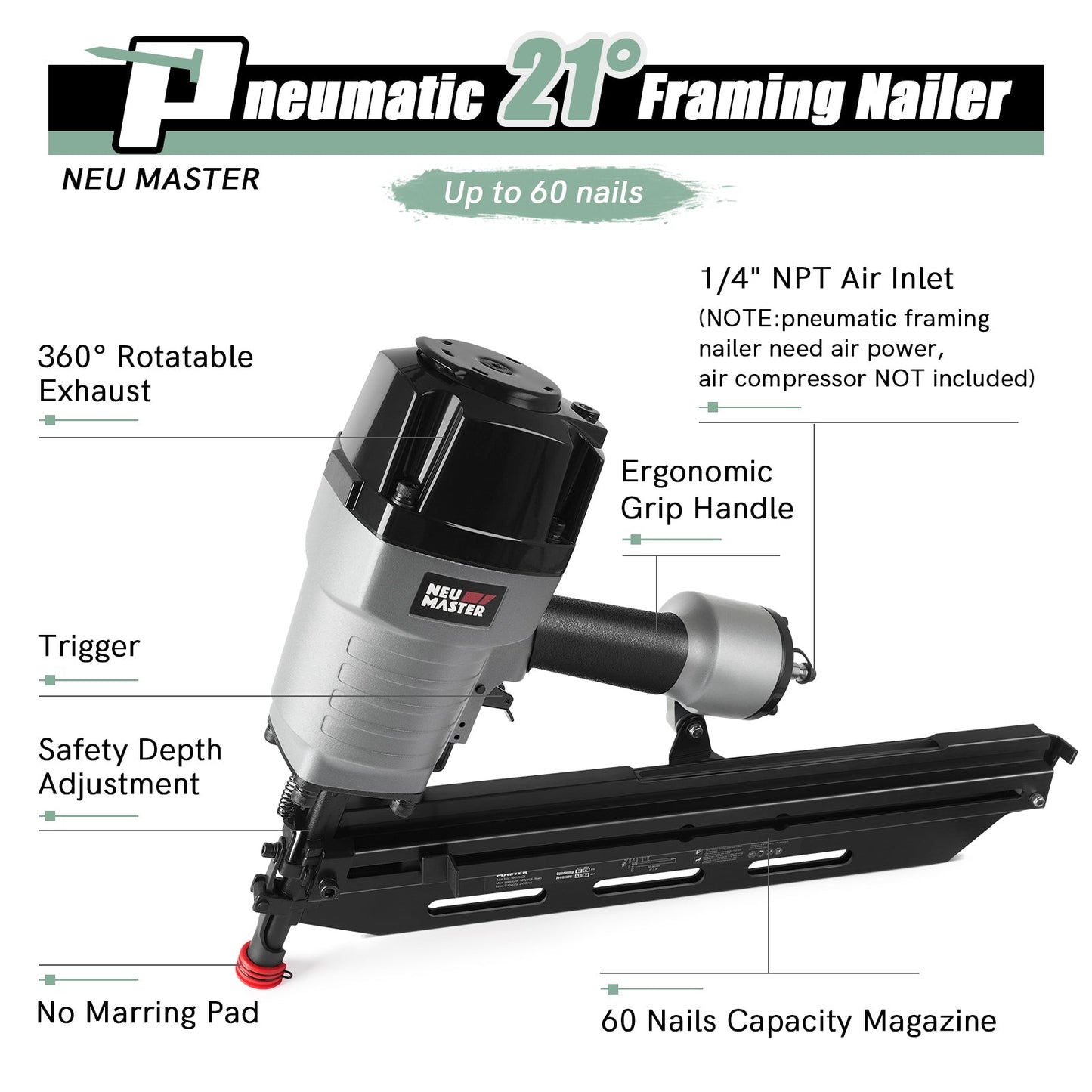 Neu Master Pneumatic Framing Nailer NFN9021