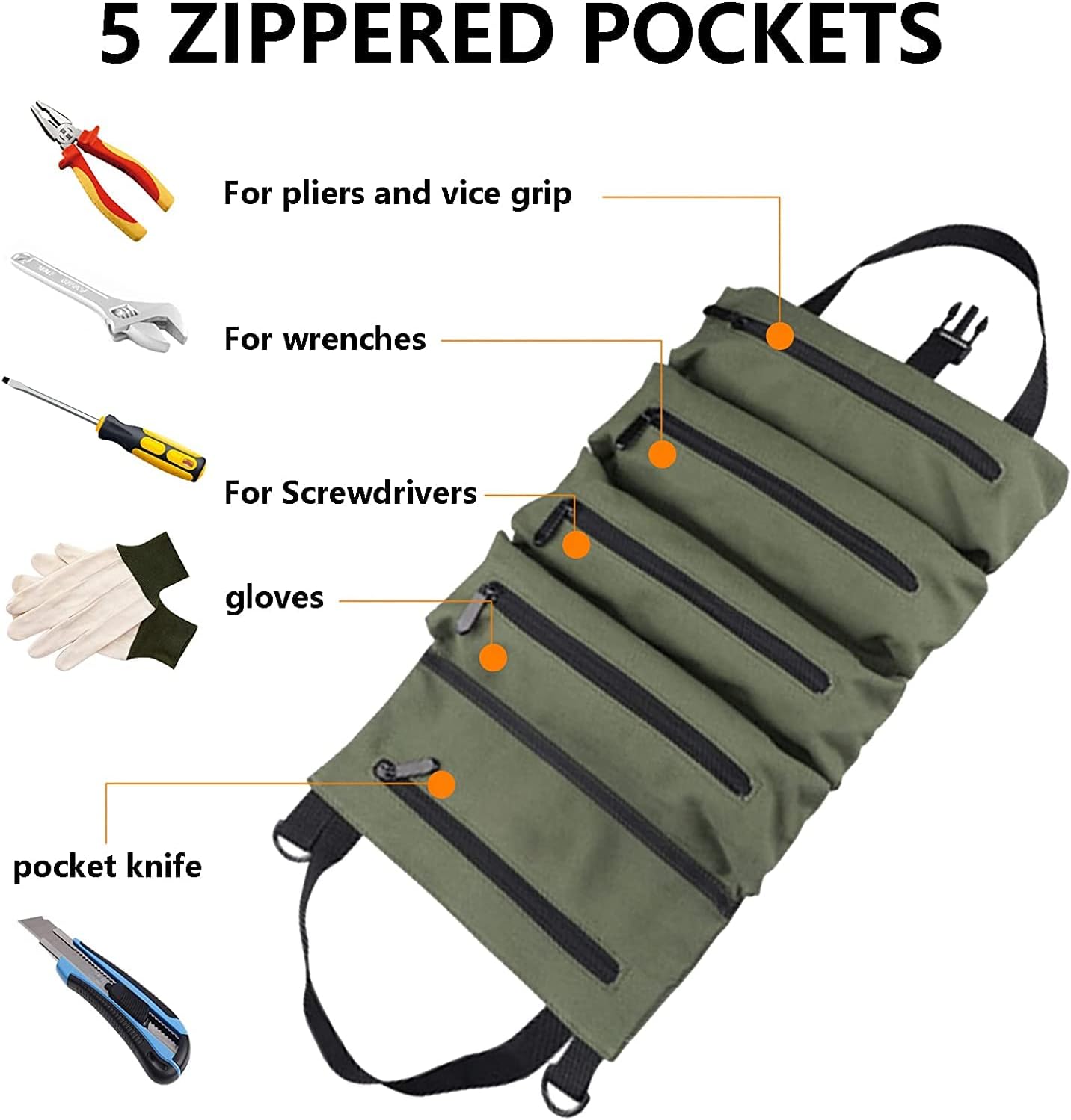 Super Roll Tool Roll,Multi-Purpose Roll Up Tool Bag, Wrench Roll,Canvas Tool Organizer Bucket,Car First Aid Kit Wrap Roll Storage Case,Hanging Tool Zipper Carrier Tote,Car Camping Gear