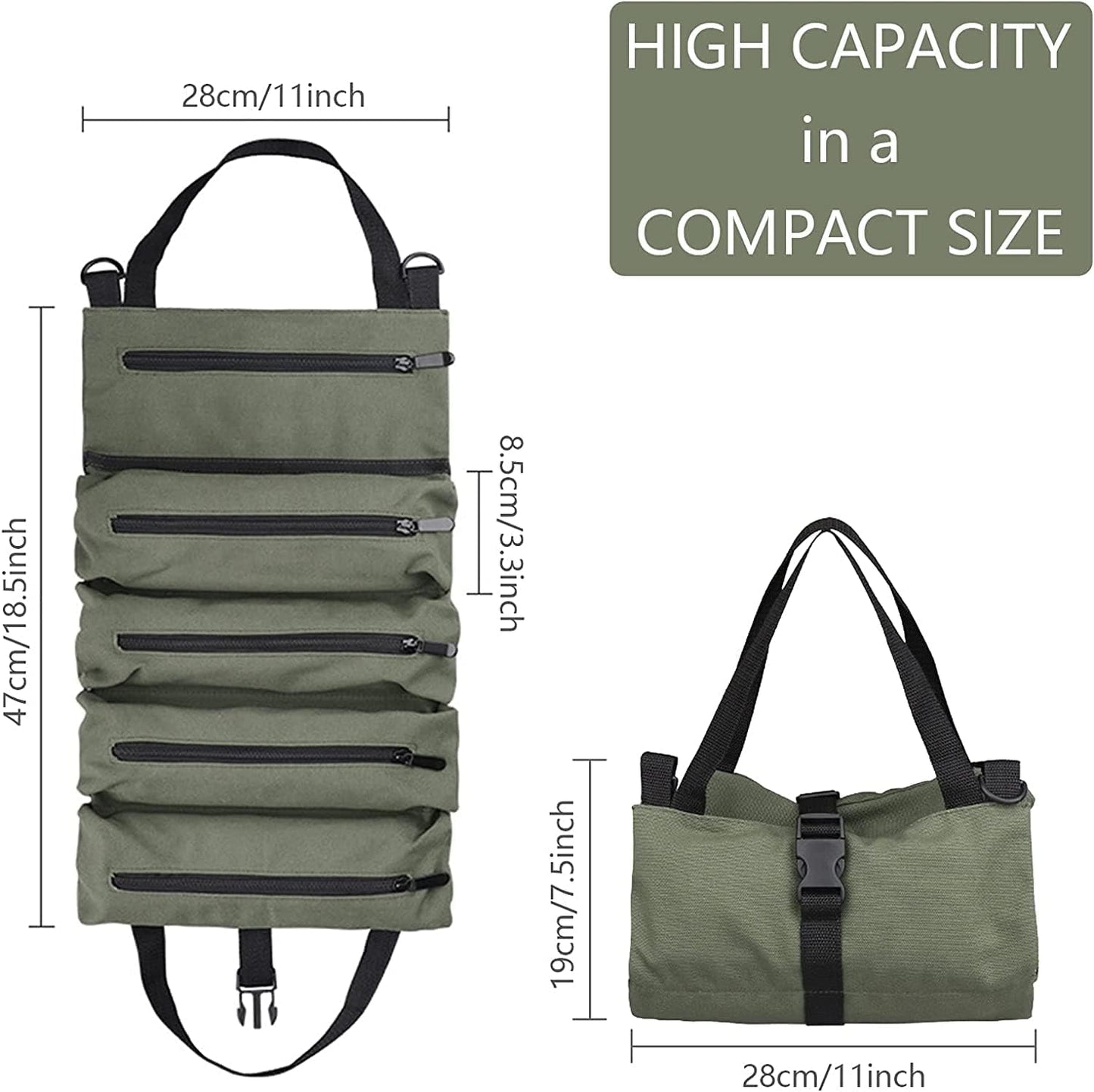 Super Roll Tool Roll,Multi-Purpose Roll Up Tool Bag, Wrench Roll,Canvas Tool Organizer Bucket,Car First Aid Kit Wrap Roll Storage Case,Hanging Tool Zipper Carrier Tote,Car Camping Gear
