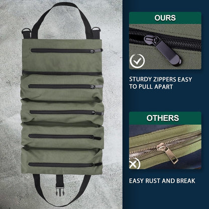 Super Roll Tool Roll,Multi-Purpose Roll Up Tool Bag, Wrench Roll,Canvas Tool Organizer Bucket,Car First Aid Kit Wrap Roll Storage Case,Hanging Tool Zipper Carrier Tote,Car Camping Gear