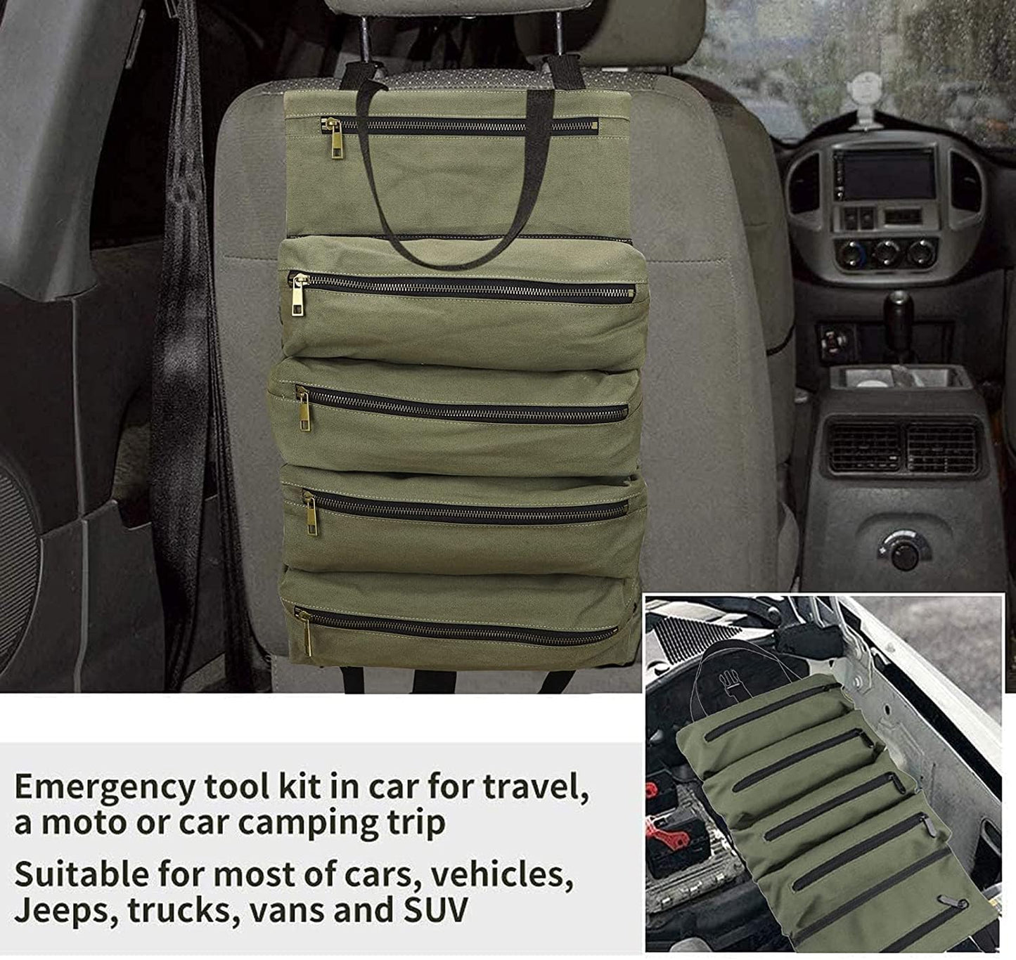 Super Roll Tool Roll,Multi-Purpose Roll Up Tool Bag, Wrench Roll,Canvas Tool Organizer Bucket,Car First Aid Kit Wrap Roll Storage Case,Hanging Tool Zipper Carrier Tote,Car Camping Gear