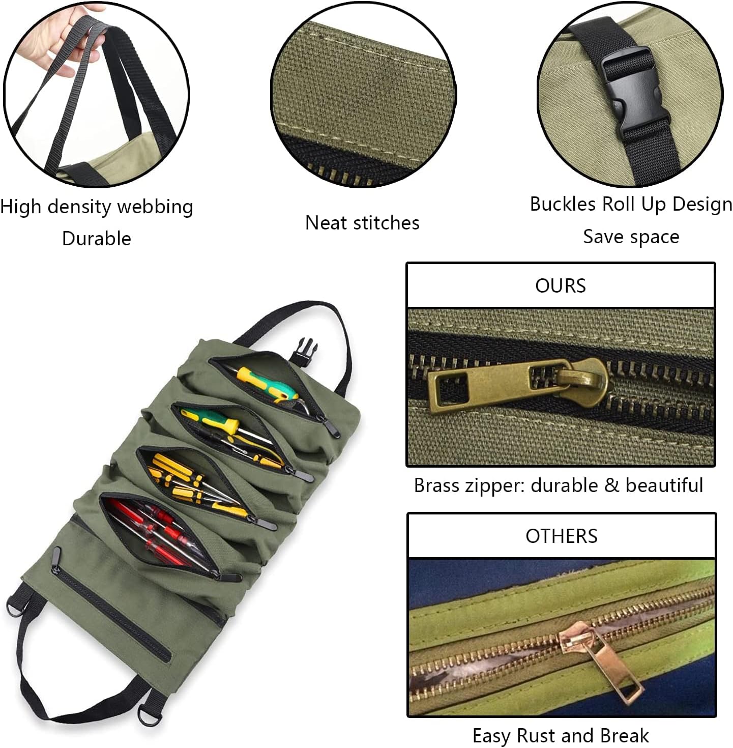 Super Roll Tool Roll,Multi-Purpose Roll Up Tool Bag, Wrench Roll,Canvas Tool Organizer Bucket,Car First Aid Kit Wrap Roll Storage Case,Hanging Tool Zipper Carrier Tote,Car Camping Gear