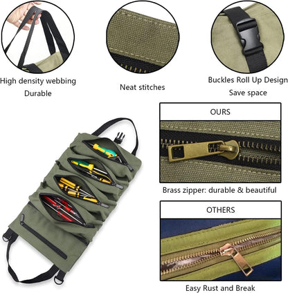Super Roll Tool Roll,Multi-Purpose Roll Up Tool Bag, Wrench Roll,Canvas Tool Organizer Bucket,Car First Aid Kit Wrap Roll Storage Case,Hanging Tool Zipper Carrier Tote,Car Camping Gear