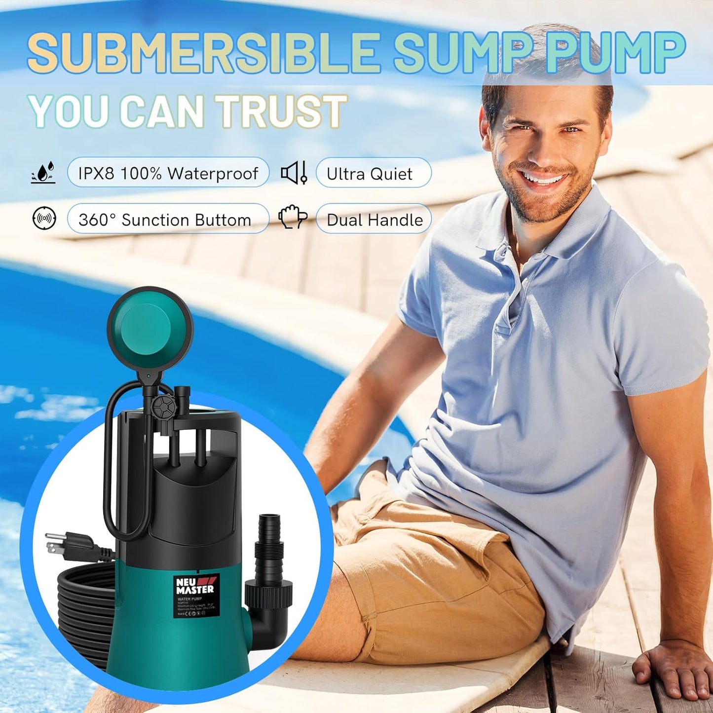 NEU MASTER Submersible Water Pump, 1HP 3800GPH Sump Pump Submersible with Float Switch/3 Fittings, Portable Water pump for Pool Draining, Basement, Hot Tub, Backyard, Garage, Garden