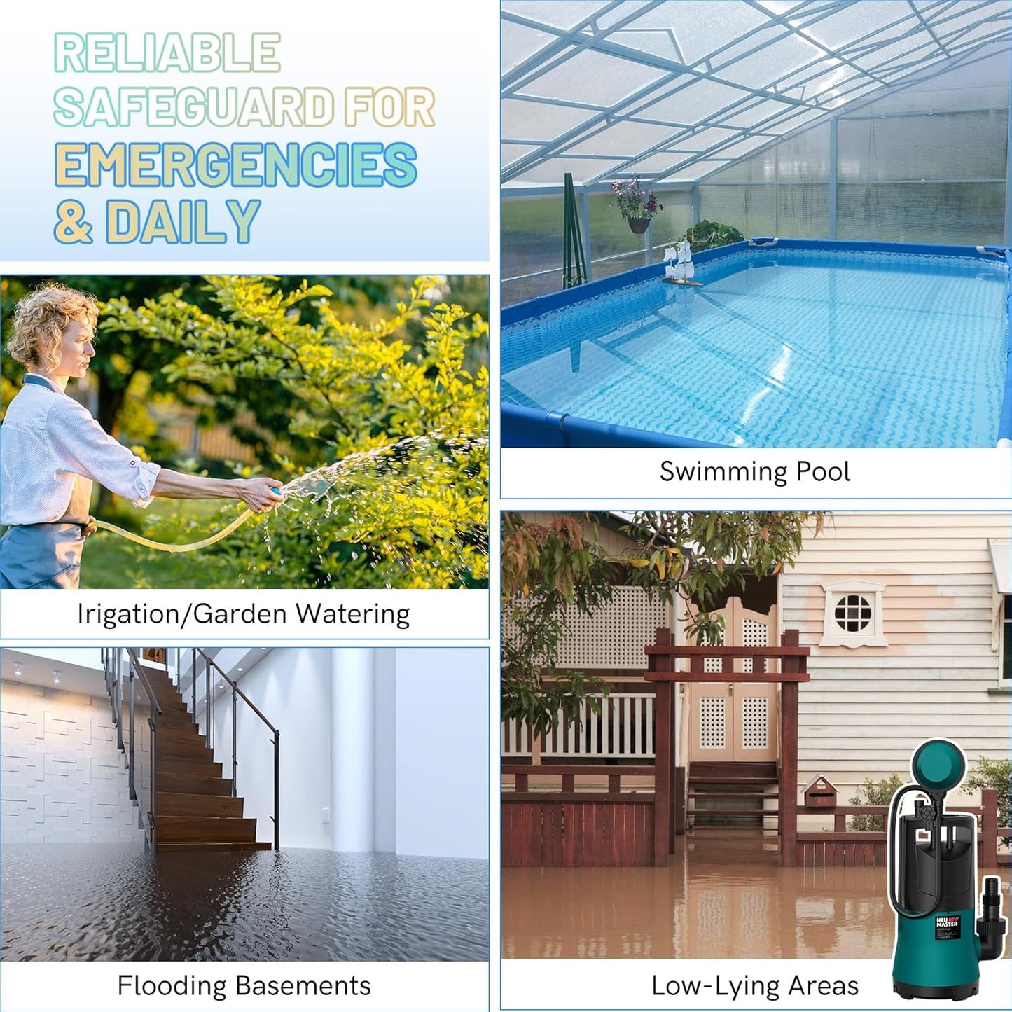 NEU MASTER Submersible Water Pump, 1HP 3800GPH Sump Pump Submersible with Float Switch/3 Fittings, Portable Water pump for Pool Draining, Basement, Hot Tub, Backyard, Garage, Garden