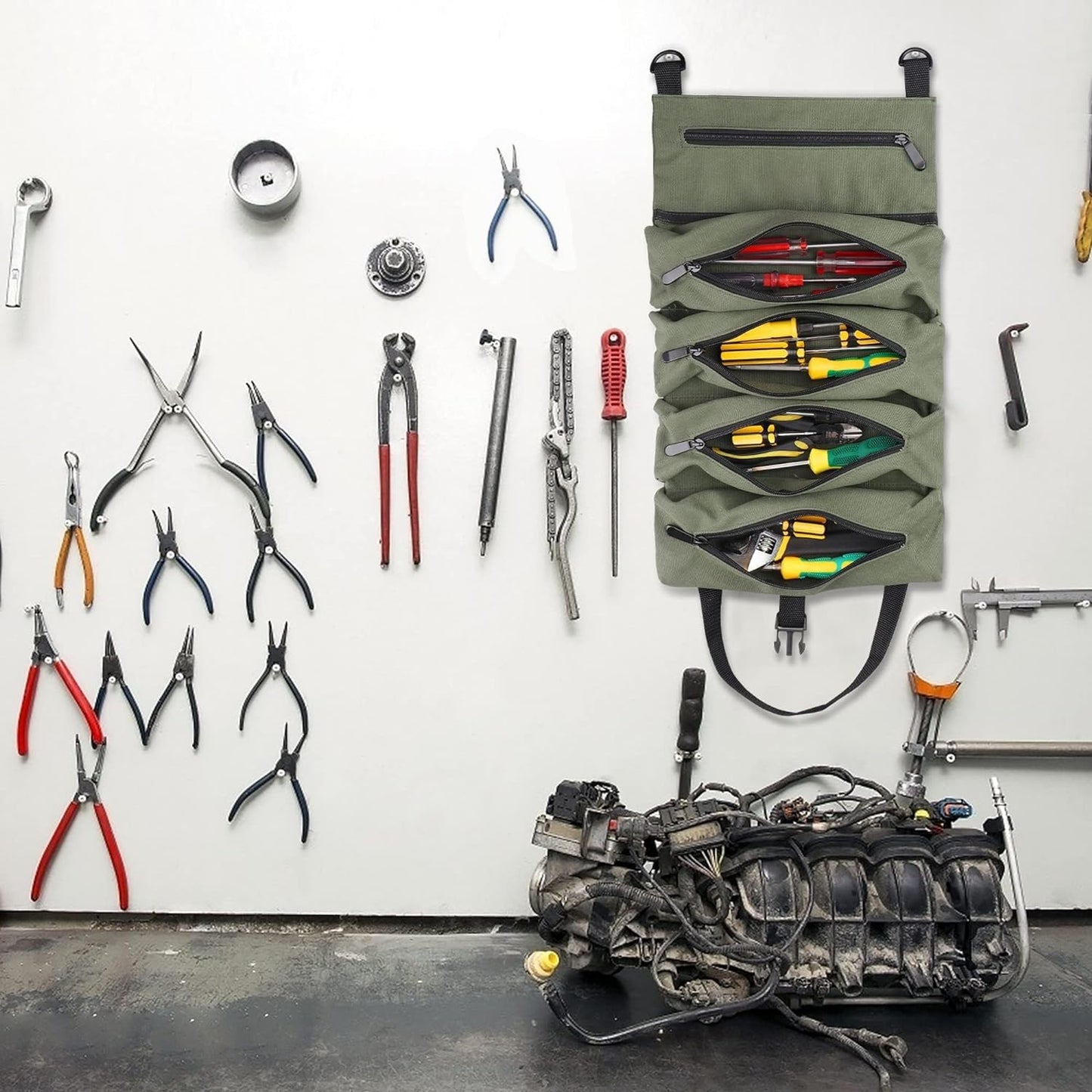 Super Roll Tool Roll,Multi-Purpose Roll Up Tool Bag, Wrench Roll,Canvas Tool Organizer Bucket,Car First Aid Kit Wrap Roll Storage Case,Hanging Tool Zipper Carrier Tote,Car Camping Gear