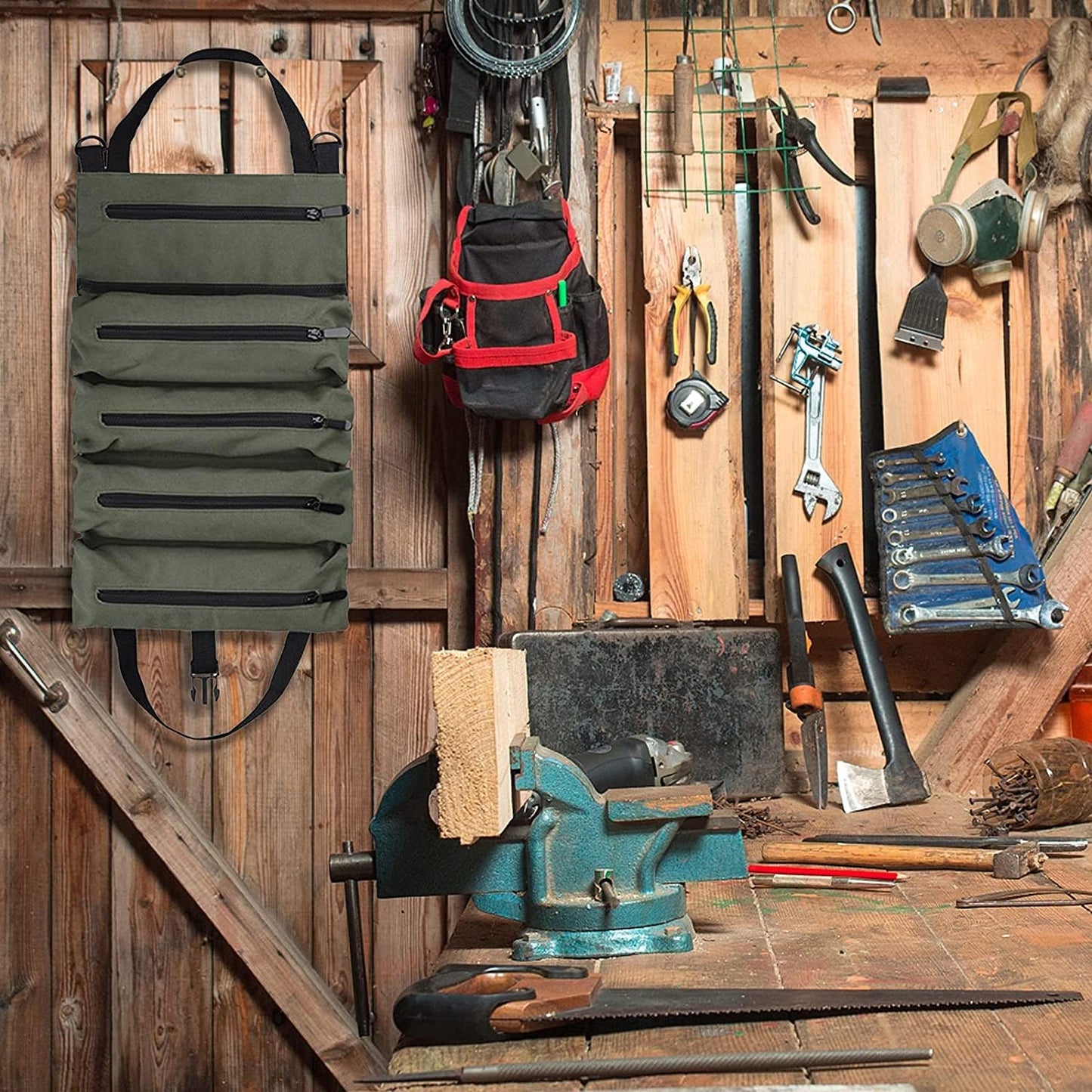 Super Roll Tool Roll,Multi-Purpose Roll Up Tool Bag, Wrench Roll,Canvas Tool Organizer Bucket,Car First Aid Kit Wrap Roll Storage Case,Hanging Tool Zipper Carrier Tote,Car Camping Gear