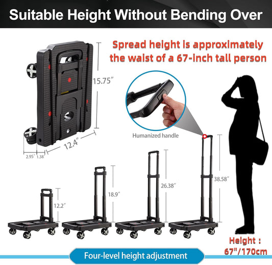 Tiagowell Folding Hand Truck, Lightweight Hand Truck Dolly Foldable,Luggage cart with 4 Rotate Wheels, Utility Cart with Adjustable Handle,Collapsible Dolly for Moving Travel Shopping Airport Office