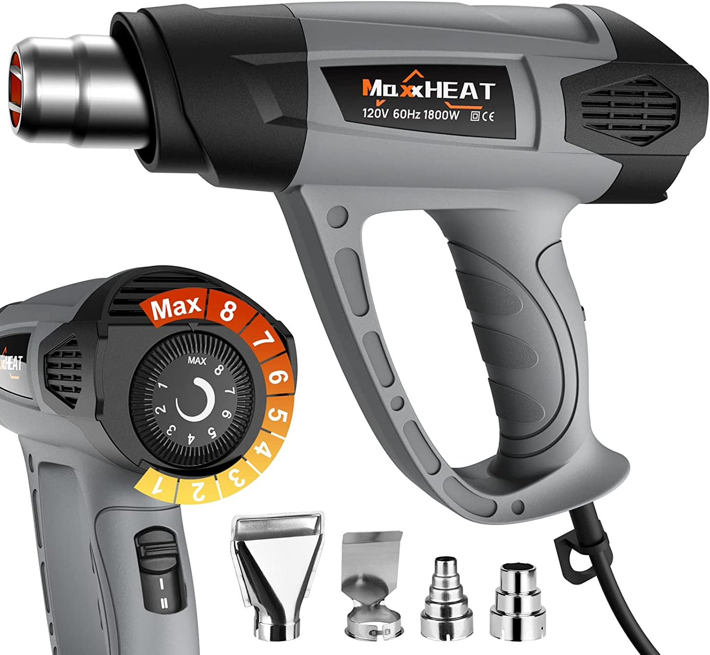 Heat Gun, 1800W MAXXHEAT Heavy Duty Hot Air Gun Kit Variable Temperature Control with 2-Temp Settings 122~1202 Overload Protection with 4 Nozzles for Crafts, Shrink Tubing/Wrapping, Stripping Paint