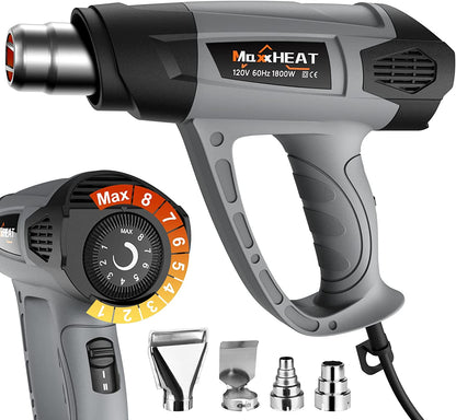 Heat Gun, 1800W MAXXHEAT Heavy Duty Hot Air Gun Kit Variable Temperature Control with 2-Temp Settings 122~1202 Overload Protection with 4 Nozzles for Crafts, Shrink Tubing/Wrapping, Stripping Paint