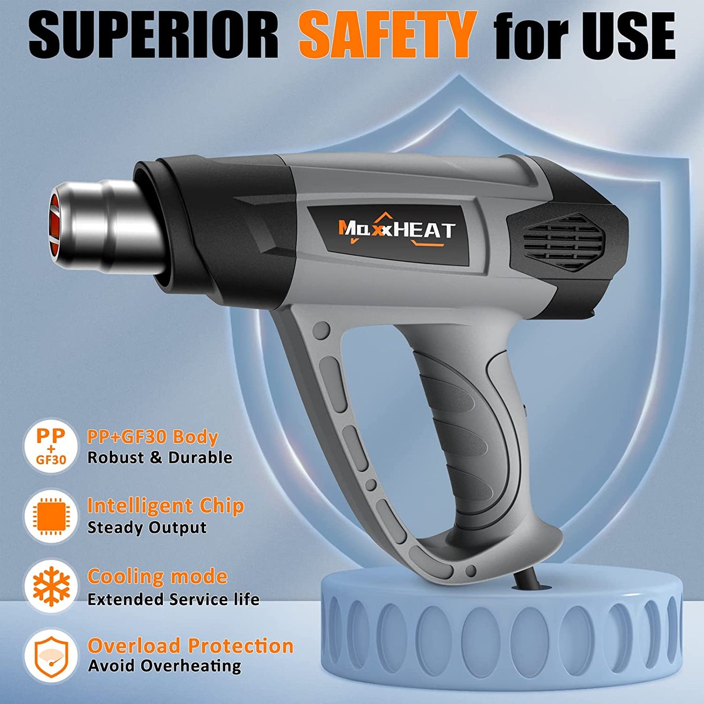 Heat Gun, 1800W MAXXHEAT Heavy Duty Hot Air Gun Kit Variable Temperature Control with 2-Temp Settings 122~1202 Overload Protection with 4 Nozzles for Crafts, Shrink Tubing/Wrapping, Stripping Paint