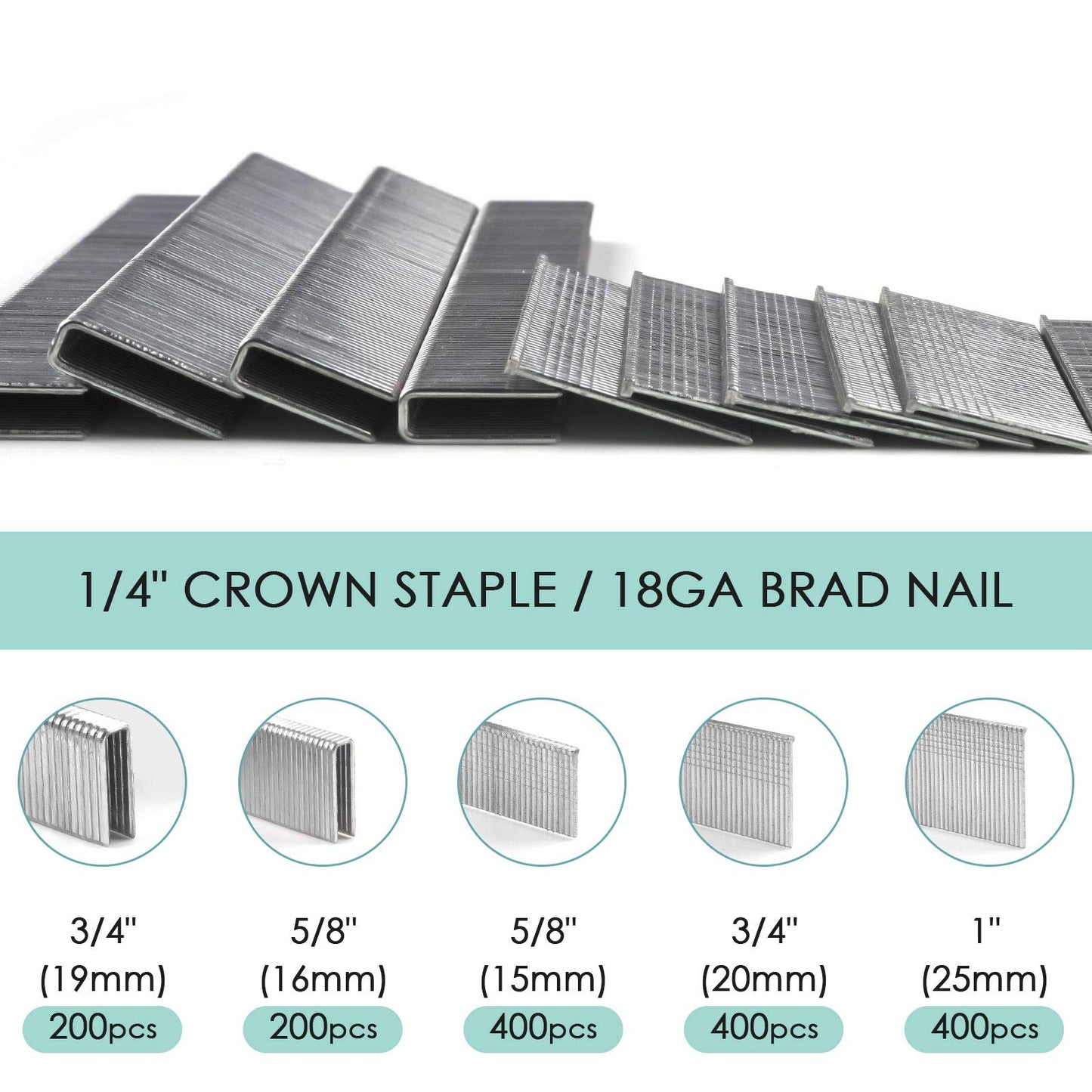 Heavy Duty 1/4" Narrow Crown Staples and 18GA Brad Nails Combo Kit for NTC0040,NTC0023, NBV5040,1600-Count