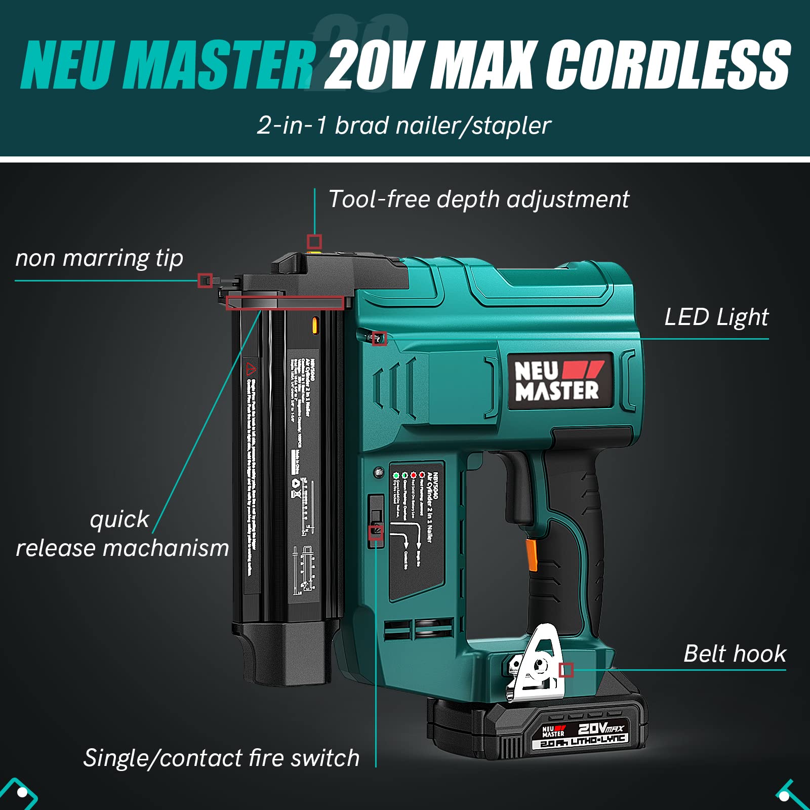 NEU MASTER Cordless Brad Nailer, Rechargeable Nail Gun/Staple Gun for  Upholstery, Carpentry and Woodworking Projects, Including 20V Max. 2.0Ah  Li-ion Battery and Charger - Walmart.com
