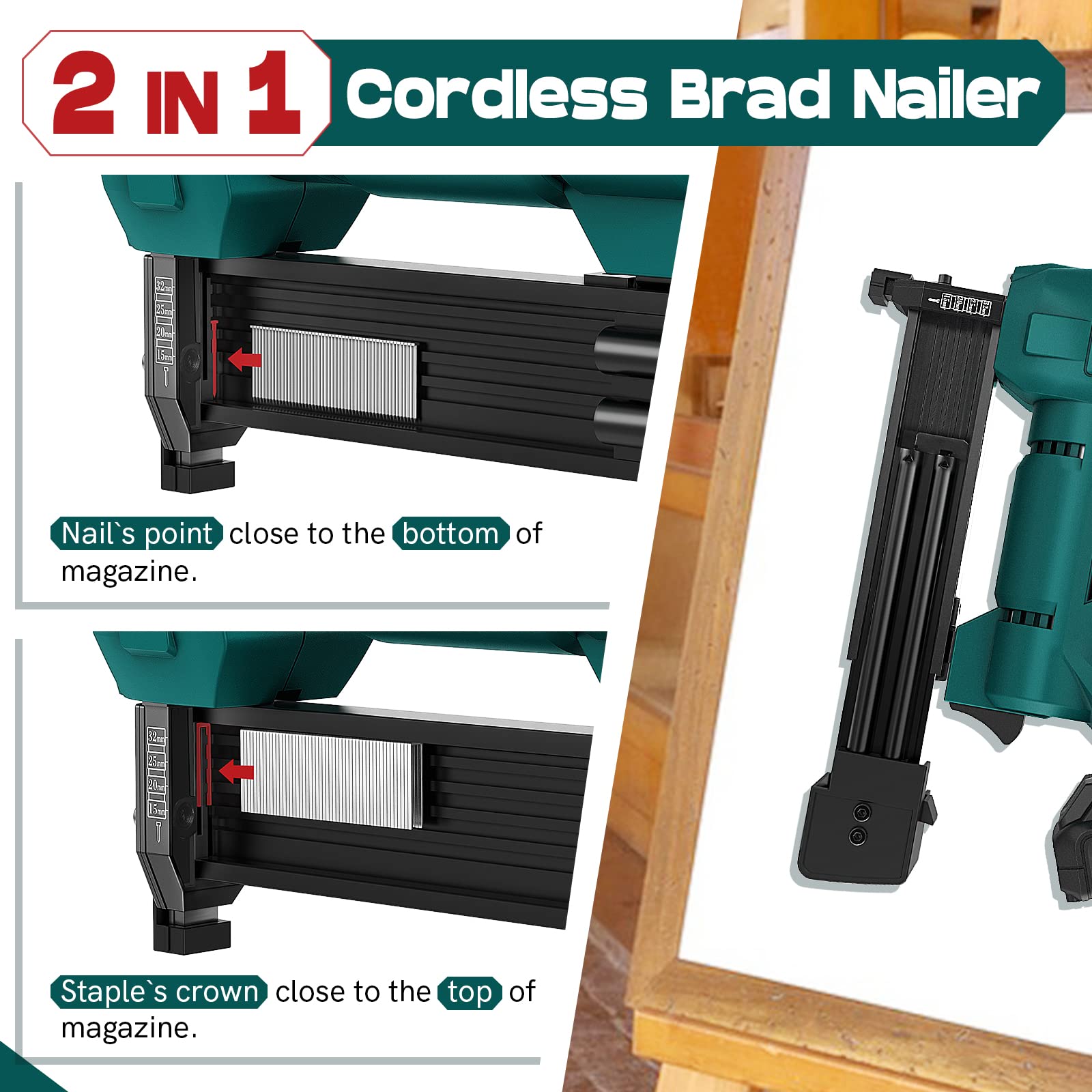 Cordless Staple Gun Brad Nailer 2-in-1 Stapler with 1500mAh Li-ion Bat —  DayPlus